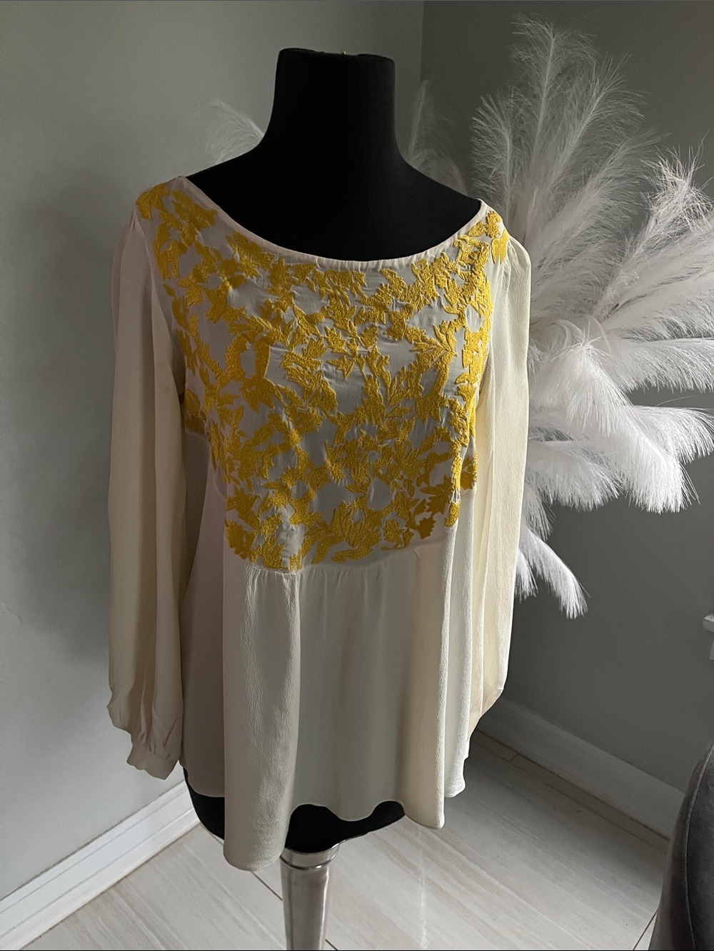 Thakoon Cream Blouse with Yellow Floral Embroidery